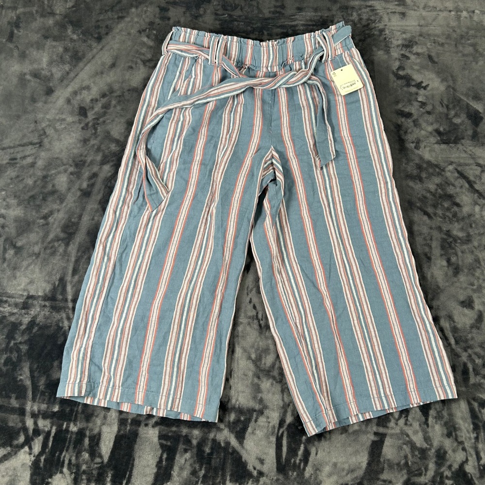 ana Wide Leg Pants Womens PL Blue Striped Paperbag Waist Cropped Tie Belt NEW